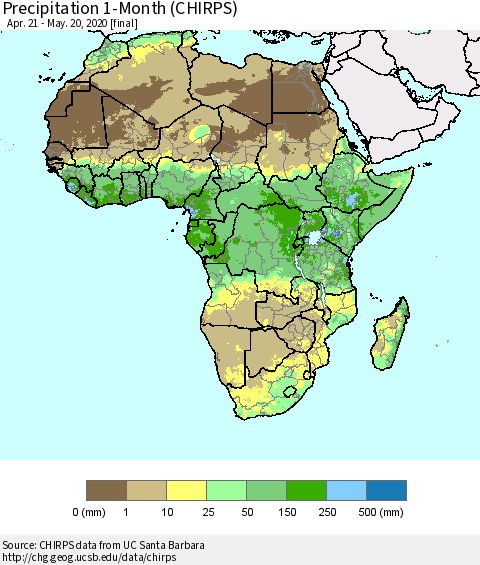 Africa Precipitation 1-Month (CHIRPS) Thematic Map For 4/21/2020 - 5/20/2020