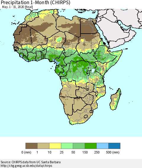 Africa Precipitation 1-Month (CHIRPS) Thematic Map For 5/1/2020 - 5/31/2020