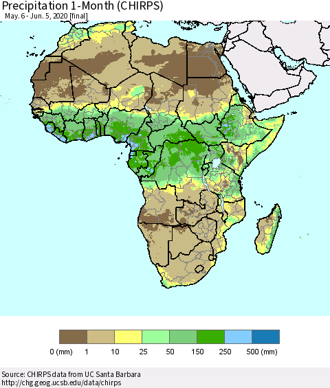 Africa Precipitation 1-Month (CHIRPS) Thematic Map For 5/6/2020 - 6/5/2020