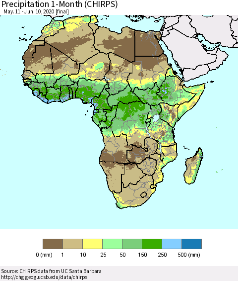 Africa Precipitation 1-Month (CHIRPS) Thematic Map For 5/11/2020 - 6/10/2020