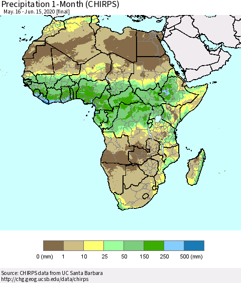 Africa Precipitation 1-Month (CHIRPS) Thematic Map For 5/16/2020 - 6/15/2020