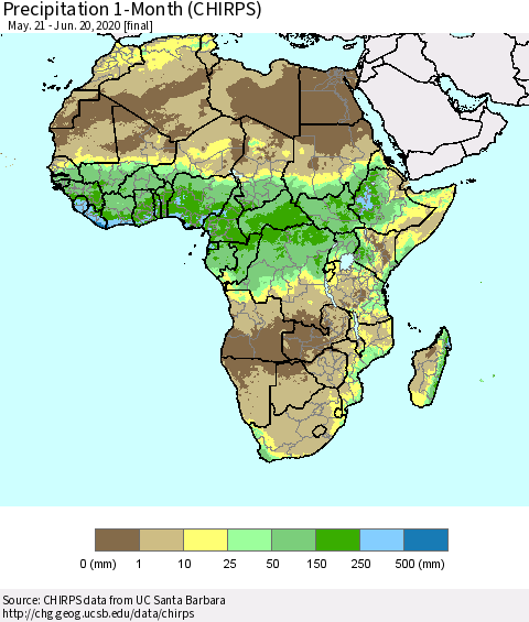 Africa Precipitation 1-Month (CHIRPS) Thematic Map For 5/21/2020 - 6/20/2020
