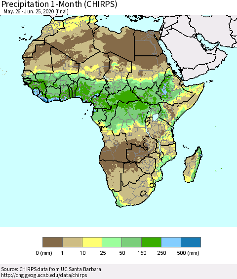 Africa Precipitation 1-Month (CHIRPS) Thematic Map For 5/26/2020 - 6/25/2020