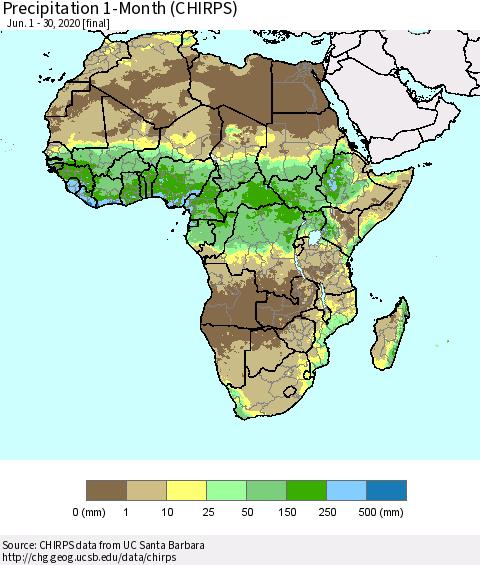 Africa Precipitation 1-Month (CHIRPS) Thematic Map For 6/1/2020 - 6/30/2020