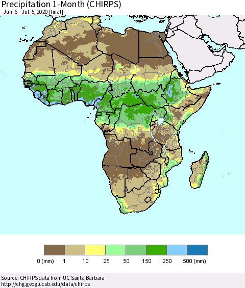 Africa Precipitation 1-Month (CHIRPS) Thematic Map For 6/6/2020 - 7/5/2020
