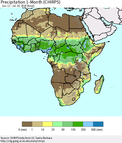 Africa Precipitation 1-Month (CHIRPS) Thematic Map For 6/11/2020 - 7/10/2020