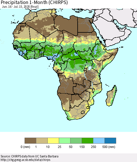 Africa Precipitation 1-Month (CHIRPS) Thematic Map For 6/16/2020 - 7/15/2020