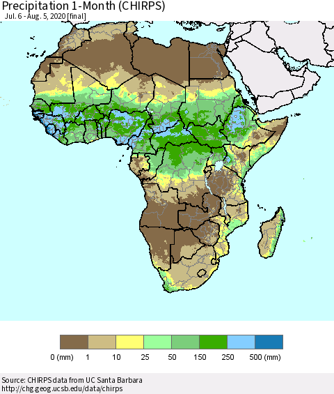 Africa Precipitation 1-Month (CHIRPS) Thematic Map For 7/6/2020 - 8/5/2020