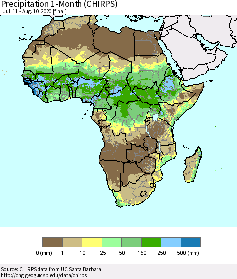 Africa Precipitation 1-Month (CHIRPS) Thematic Map For 7/11/2020 - 8/10/2020