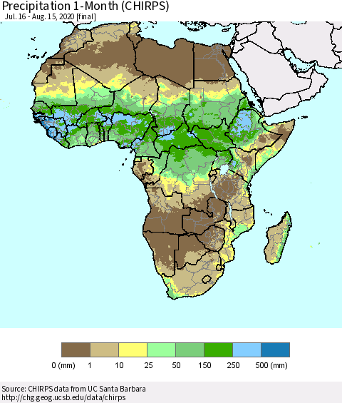 Africa Precipitation 1-Month (CHIRPS) Thematic Map For 7/16/2020 - 8/15/2020