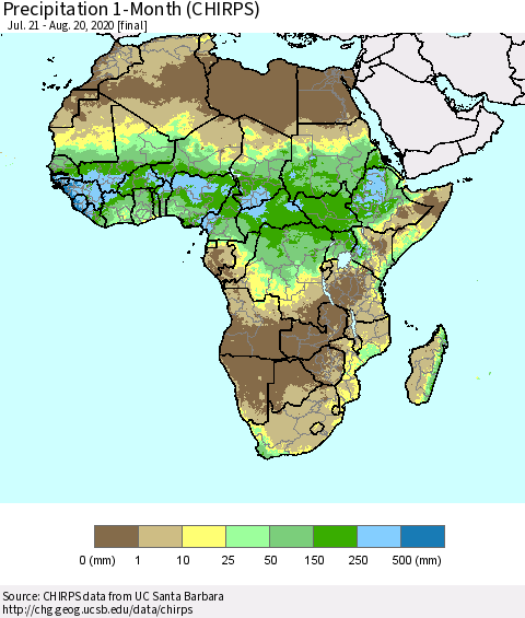 Africa Precipitation 1-Month (CHIRPS) Thematic Map For 7/21/2020 - 8/20/2020
