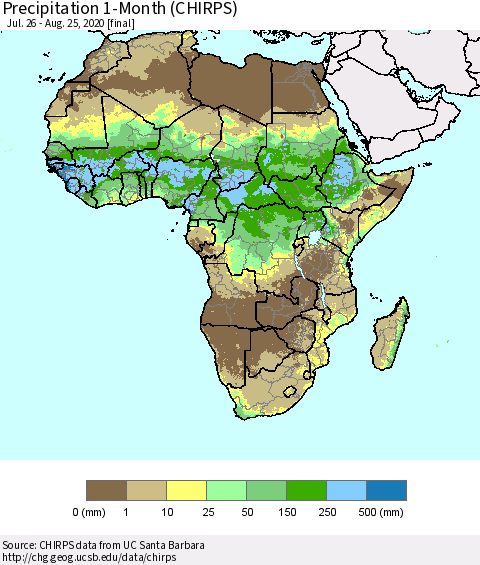 Africa Precipitation 1-Month (CHIRPS) Thematic Map For 7/26/2020 - 8/25/2020
