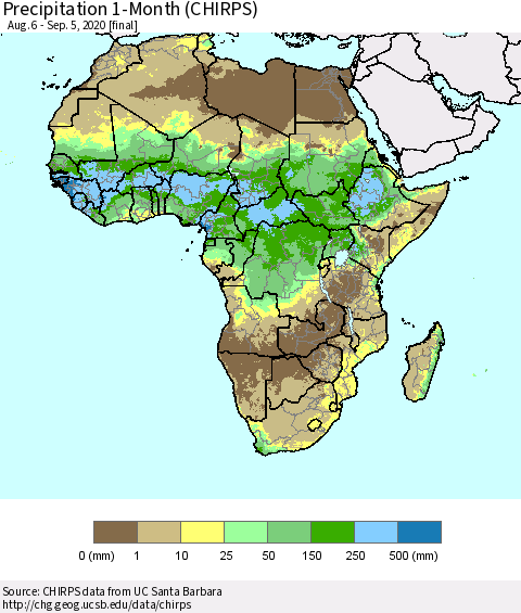 Africa Precipitation 1-Month (CHIRPS) Thematic Map For 8/6/2020 - 9/5/2020