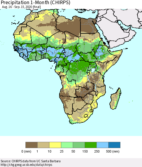 Africa Precipitation 1-Month (CHIRPS) Thematic Map For 8/16/2020 - 9/15/2020