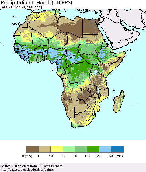 Africa Precipitation 1-Month (CHIRPS) Thematic Map For 8/21/2020 - 9/20/2020