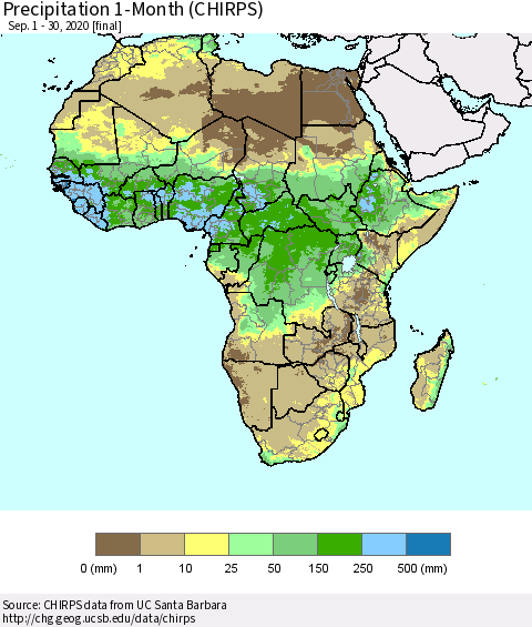 Africa Precipitation 1-Month (CHIRPS) Thematic Map For 9/1/2020 - 9/30/2020