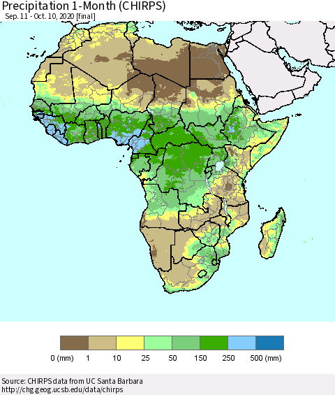 Africa Precipitation 1-Month (CHIRPS) Thematic Map For 9/11/2020 - 10/10/2020