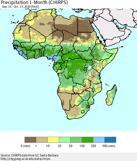 Africa Precipitation 1-Month (CHIRPS) Thematic Map For 9/16/2020 - 10/15/2020