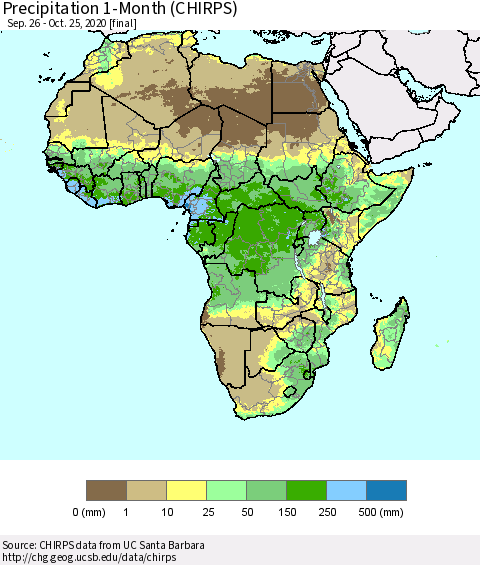 Africa Precipitation 1-Month (CHIRPS) Thematic Map For 9/26/2020 - 10/25/2020