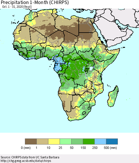 Africa Precipitation 1-Month (CHIRPS) Thematic Map For 10/1/2020 - 10/31/2020