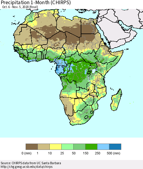 Africa Precipitation 1-Month (CHIRPS) Thematic Map For 10/6/2020 - 11/5/2020