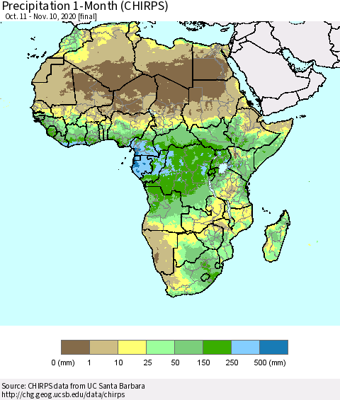 Africa Precipitation 1-Month (CHIRPS) Thematic Map For 10/11/2020 - 11/10/2020