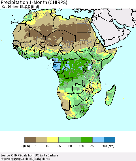 Africa Precipitation 1-Month (CHIRPS) Thematic Map For 10/16/2020 - 11/15/2020