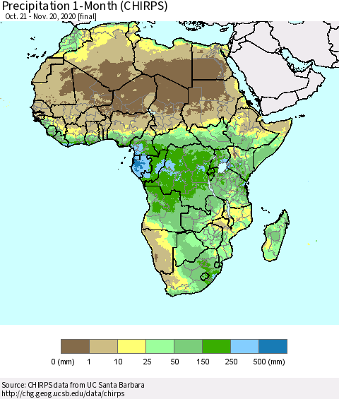 Africa Precipitation 1-Month (CHIRPS) Thematic Map For 10/21/2020 - 11/20/2020