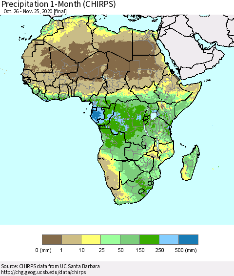 Africa Precipitation 1-Month (CHIRPS) Thematic Map For 10/26/2020 - 11/25/2020