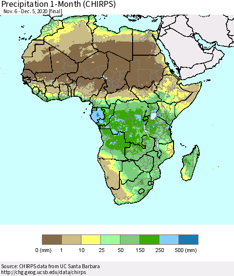 Africa Precipitation 1-Month (CHIRPS) Thematic Map For 11/6/2020 - 12/5/2020
