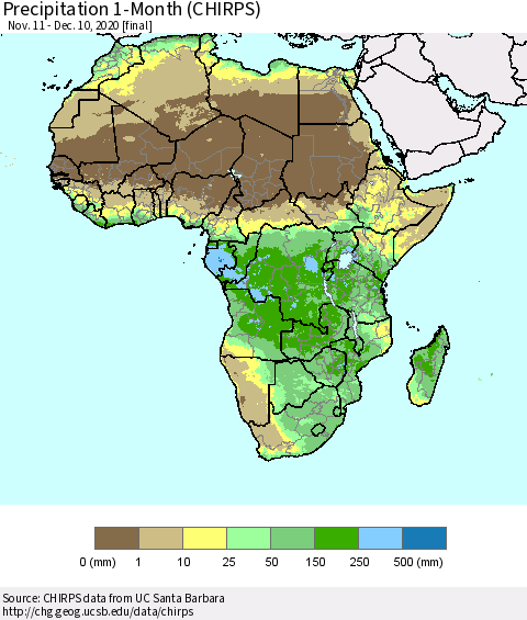 Africa Precipitation 1-Month (CHIRPS) Thematic Map For 11/11/2020 - 12/10/2020