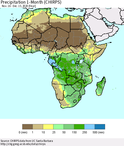 Africa Precipitation 1-Month (CHIRPS) Thematic Map For 11/16/2020 - 12/15/2020