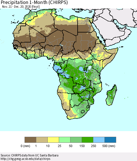Africa Precipitation 1-Month (CHIRPS) Thematic Map For 11/21/2020 - 12/20/2020