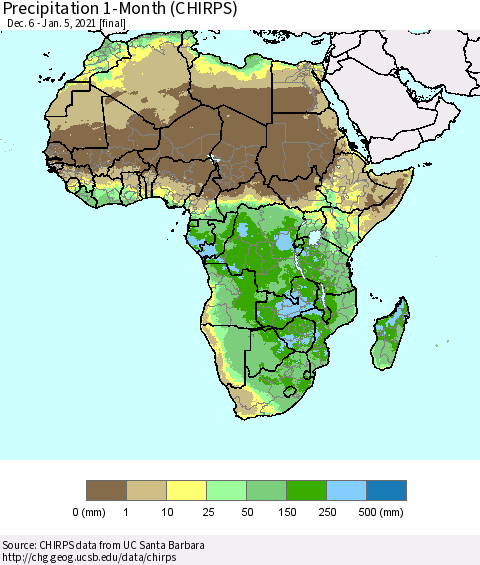 Africa Precipitation 1-Month (CHIRPS) Thematic Map For 12/6/2020 - 1/5/2021