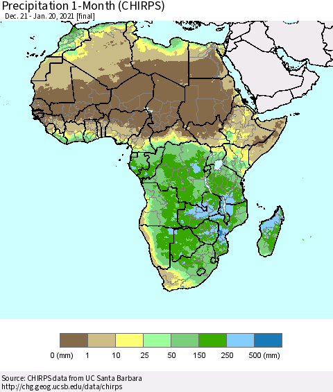 Africa Precipitation 1-Month (CHIRPS) Thematic Map For 12/21/2020 - 1/20/2021