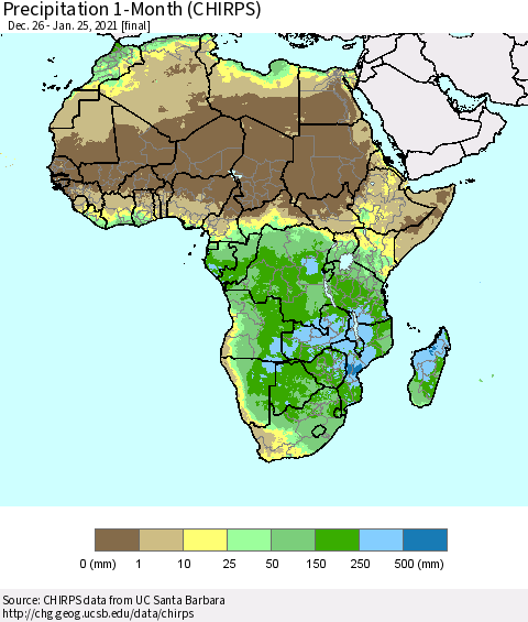 Africa Precipitation 1-Month (CHIRPS) Thematic Map For 12/26/2020 - 1/25/2021