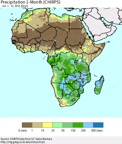 Africa Precipitation 1-Month (CHIRPS) Thematic Map For 1/1/2021 - 1/31/2021