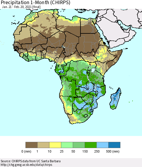 Africa Precipitation 1-Month (CHIRPS) Thematic Map For 1/21/2021 - 2/20/2021