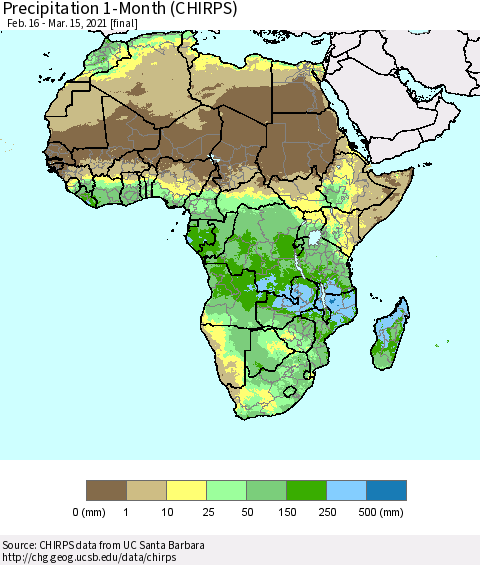 Africa Precipitation 1-Month (CHIRPS) Thematic Map For 2/16/2021 - 3/15/2021