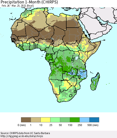 Africa Precipitation 1-Month (CHIRPS) Thematic Map For 2/26/2021 - 3/25/2021