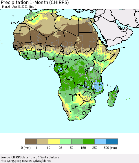 Africa Precipitation 1-Month (CHIRPS) Thematic Map For 3/6/2021 - 4/5/2021