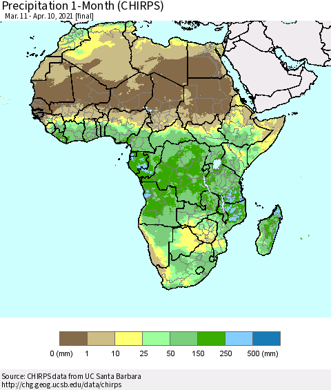 Africa Precipitation 1-Month (CHIRPS) Thematic Map For 3/11/2021 - 4/10/2021