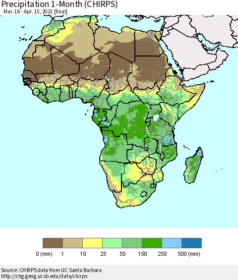 Africa Precipitation 1-Month (CHIRPS) Thematic Map For 3/16/2021 - 4/15/2021