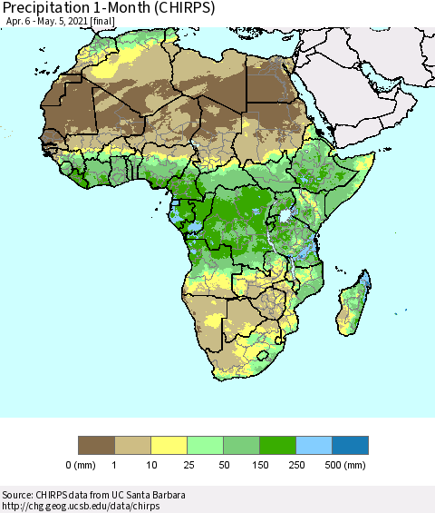 Africa Precipitation 1-Month (CHIRPS) Thematic Map For 4/6/2021 - 5/5/2021