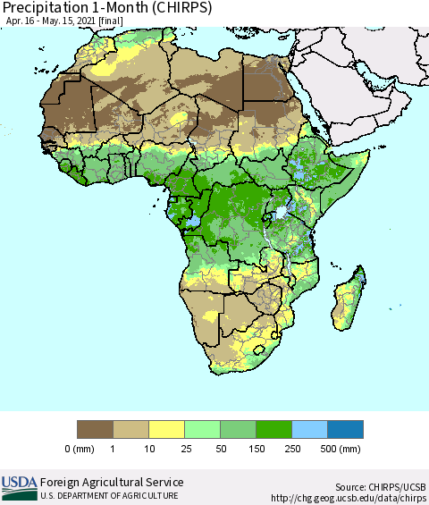Africa Precipitation 1-Month (CHIRPS) Thematic Map For 4/16/2021 - 5/15/2021