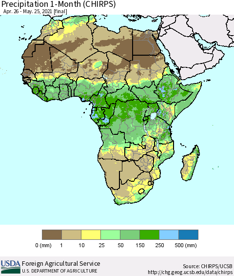 Africa Precipitation 1-Month (CHIRPS) Thematic Map For 4/26/2021 - 5/25/2021