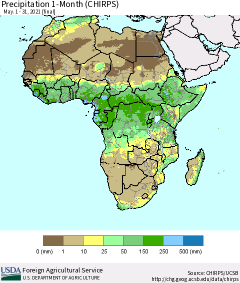 Africa Precipitation 1-Month (CHIRPS) Thematic Map For 5/1/2021 - 5/31/2021