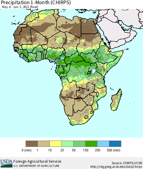 Africa Precipitation 1-Month (CHIRPS) Thematic Map For 5/6/2021 - 6/5/2021