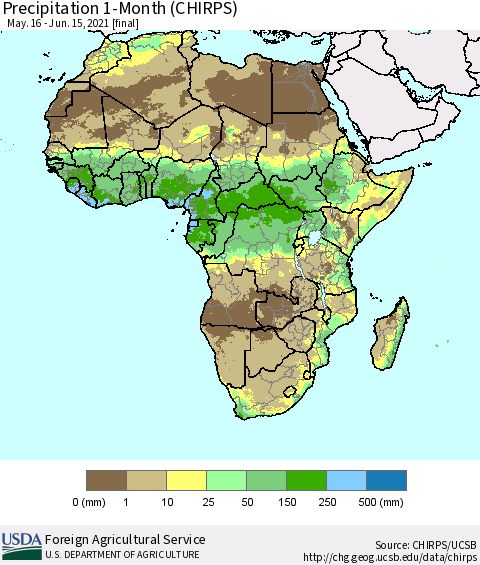 Africa Precipitation 1-Month (CHIRPS) Thematic Map For 5/16/2021 - 6/15/2021