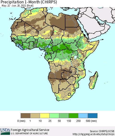 Africa Precipitation 1-Month (CHIRPS) Thematic Map For 5/21/2021 - 6/20/2021